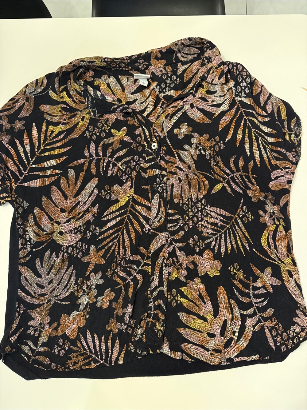 a new day Black Short-Sleeve Blouse with Metallic Floral Print